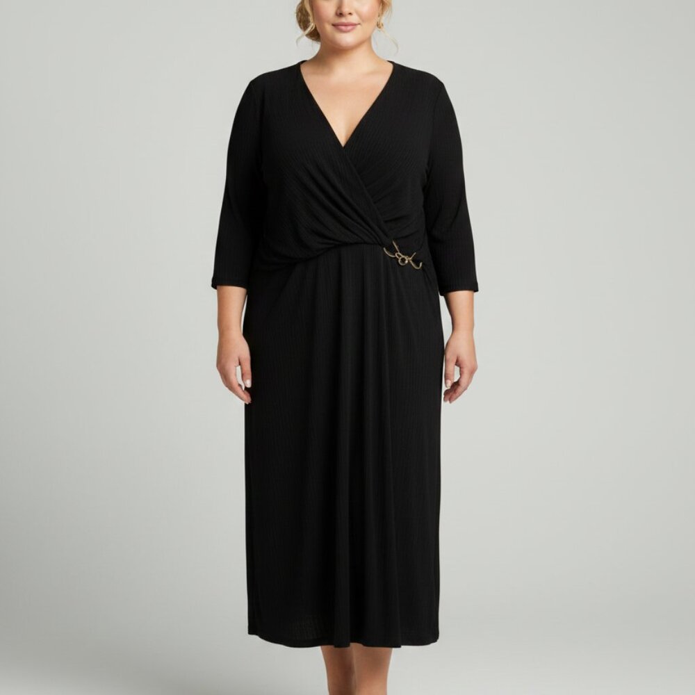 Classic Black Cocktail Party Dress Deep V-Neck Long Sleeve Size 16